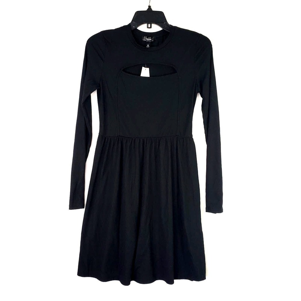 AQUA Mini Dress Black Long Sleeve Cut Out Fit Flare Ribbed Knit Bodycon Size M